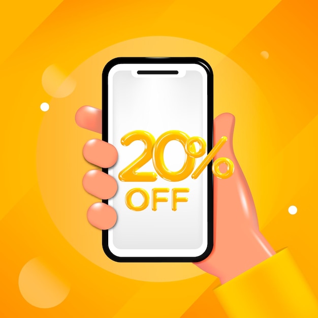 20 or Twenty percent off design. Hand holding a mobile phone with an offer message. Special discount