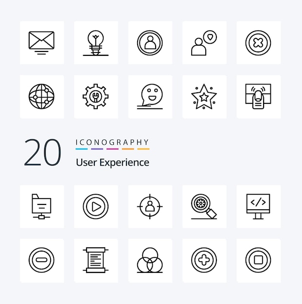 20 User Experience Line icon Pack like gear research target