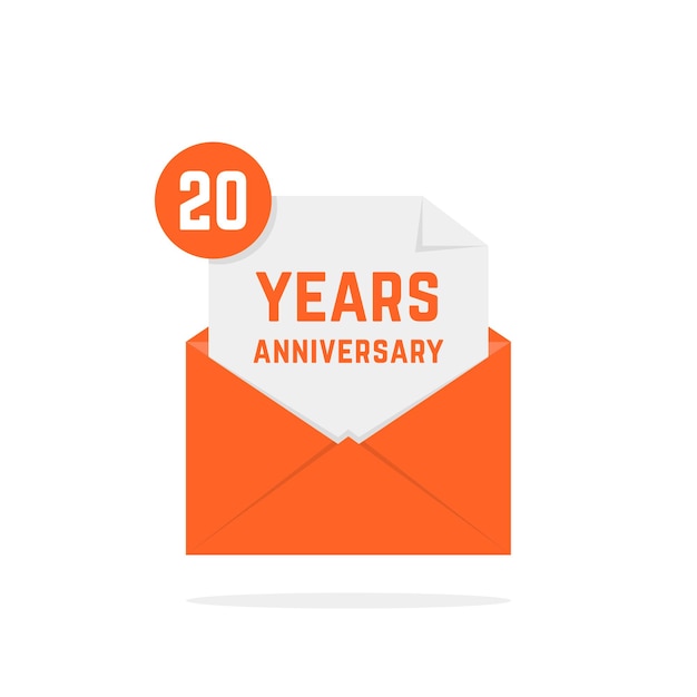 20 years anniversary icon in orange letter. concept of festive text, inbox, fun notice, memorial, certificate, success, email, sms. flat style modern logotype graphic poster design on white background