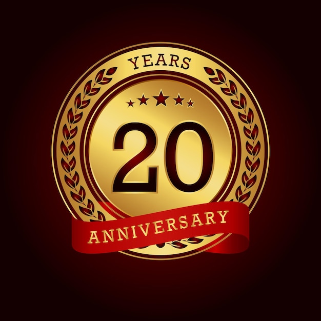 20 years anniversary with a golden circle and red ribbon in a dark red background