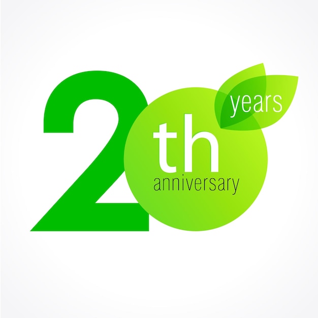 20 years old celebrating green leaves logo. 20 th anniversary organic vector template. Creative icon