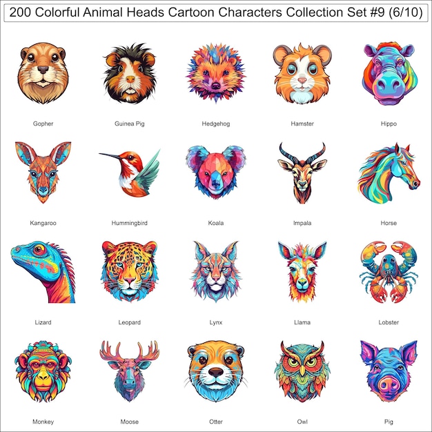 Vector 200 colorful animal heads cartoon characters collection set 9 610