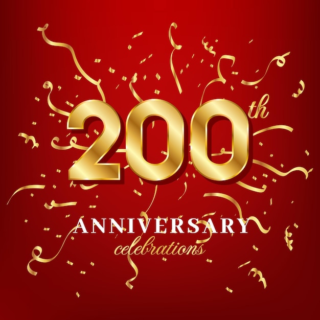 200 golden numbers and anniversary celebrating text with golden confetti spread on a red background