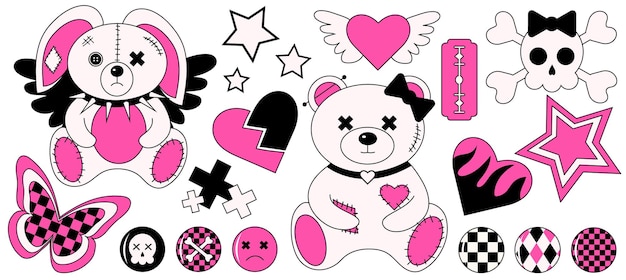 2000s emo girl kawaii sticker set Y2K 90s glamour aestetic in bright pink and black colors