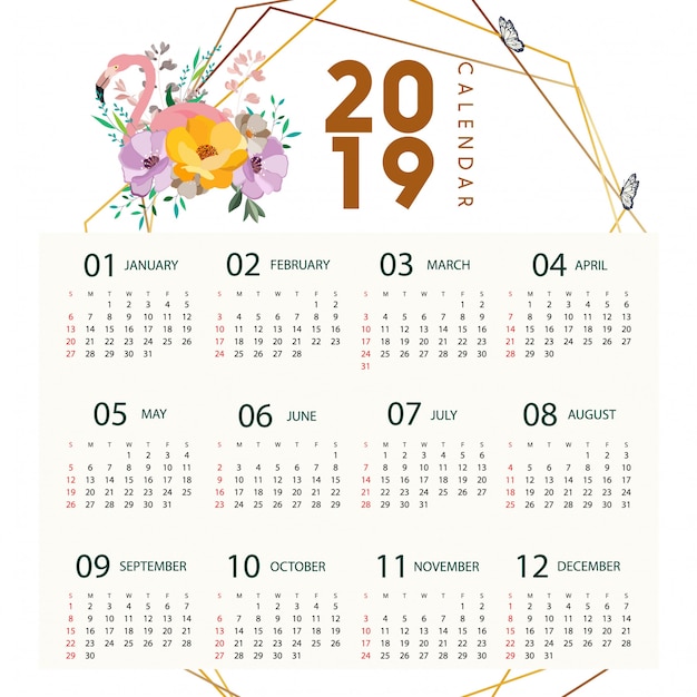 2019 calendar flamingo design