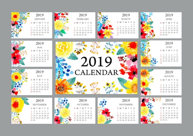 2019 calendar with colorful watercolor floral