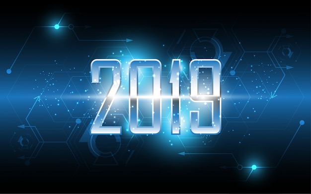 2019 Happy new year on technology abstract background