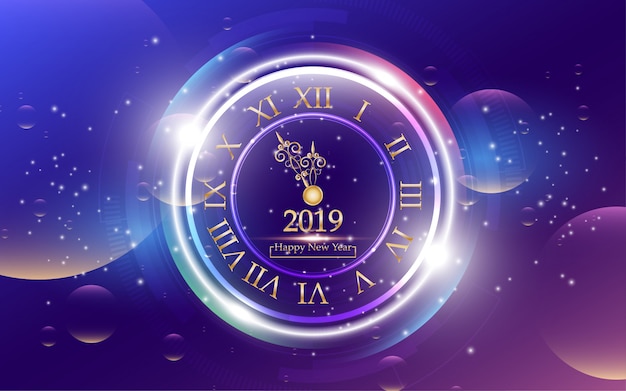 2019 Happy new year with clock on abstract background