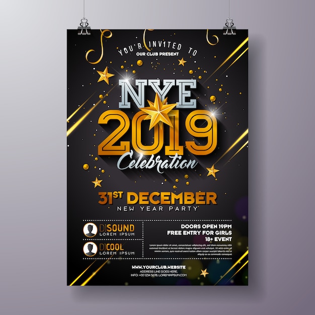 2019 New Year Party Celebration Poster Template Illustration with Shiny Gold Number