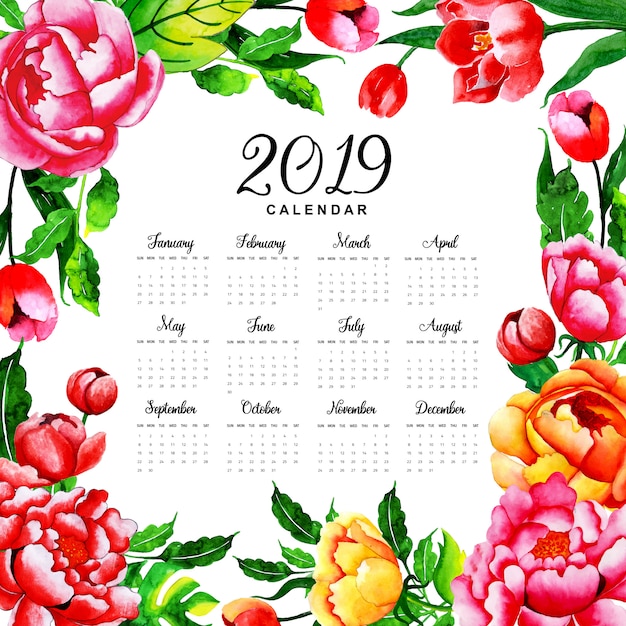 2019 Watercolor Floral Annual Calendar