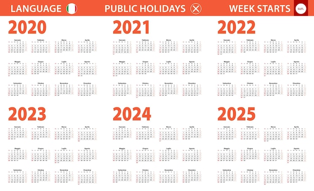 2020-2025 year calendar in Italian language, week starts from Sunday.