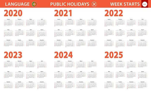 2020-2025 year calendar in Portuguese language, week starts from Sunday.