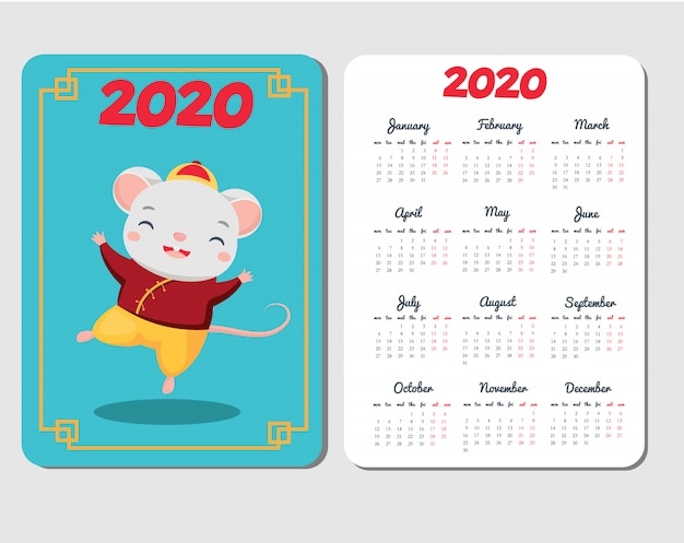 2020 calendar template with cartoon mouse. Chinese new year with funny rat character dance