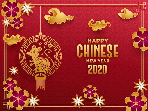 2020 celebration greeting card  with hanging rat zodiac sign, paper cut flowers and clouds decorated on red geometric circle seamless pattern  for Happy Chinese New Year.