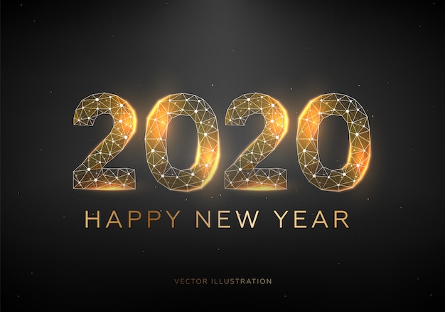 2020 golden text design. Low poly wireframe. Happy New Year.