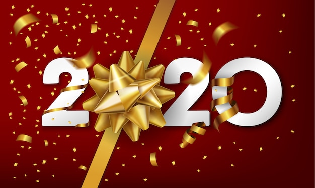 2020 Happy New Year background with golden gift bow and confetti