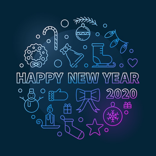 2020 Happy New Year circular colored outline illustration