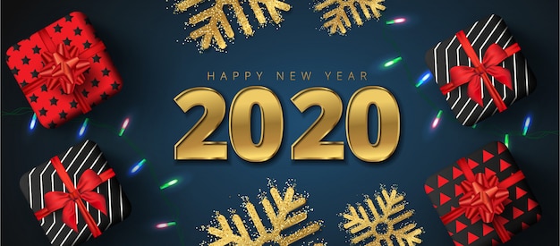 2020 happy new year sale lettering, Gift boxes, gold snowflakes and sparkling light garlands