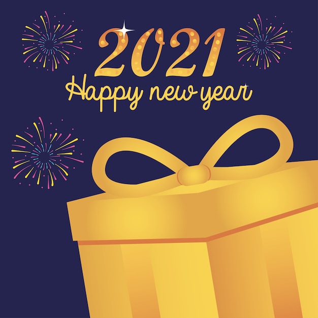 2021 happy new year gold gift box and fireworks celebration