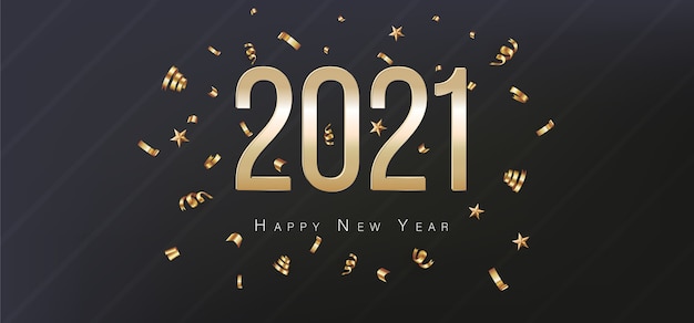 2021 Happy New Year Greeting Card. Gold confetti and numbers on black background. Flyer, poster, invitation or banner. Succinct luxury design