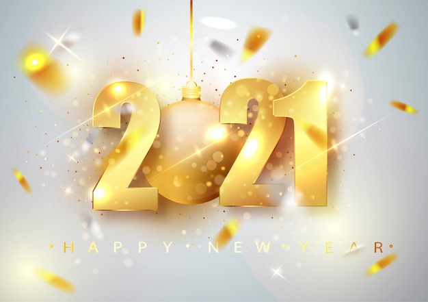 2021 Happy New Year. Holiday vector illustration. Gold Numbers Design of greeting card of Falling Shiny Confetti.