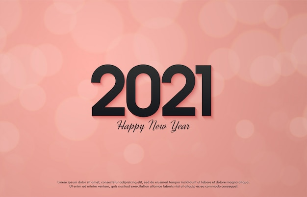 2021 happy new year with 3d black numbers on pink background.