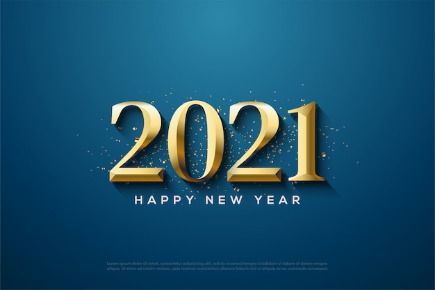 2021 happy new year with classic gold numbers and gold paper pieces being spread