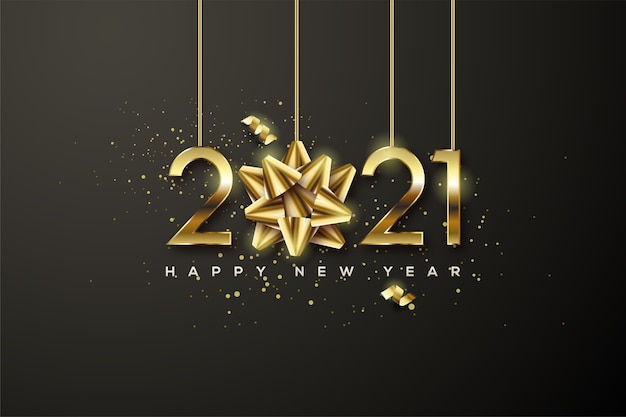 2021 happy new year with gold numbers and gold ribbons