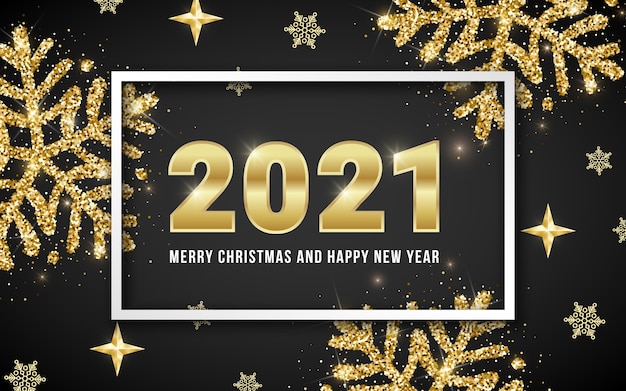 2021 Merry Christmas and Happy New Year   greeting, golden numbers and shiny glitter snowflakes