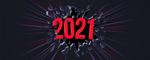 2021 New Year greeting card. 3D text. Black crack in the black wall and dynamic line. Web banner, Flyer, background, poster for New Year's 2021 Eve Party celebration. Dynamic background.