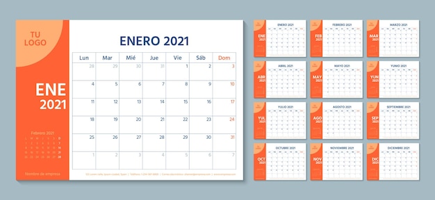 2021 Spanish planner. Calendar template. Week starts Monday. Yearly stationery organizer.