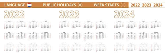 2022 2023 2024 year vector calendar in Dutch language week starts on Sunday