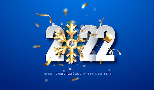 2022 Blue New Year background . holiday background with golden snowflake and date 2021. Vector illustration for web.