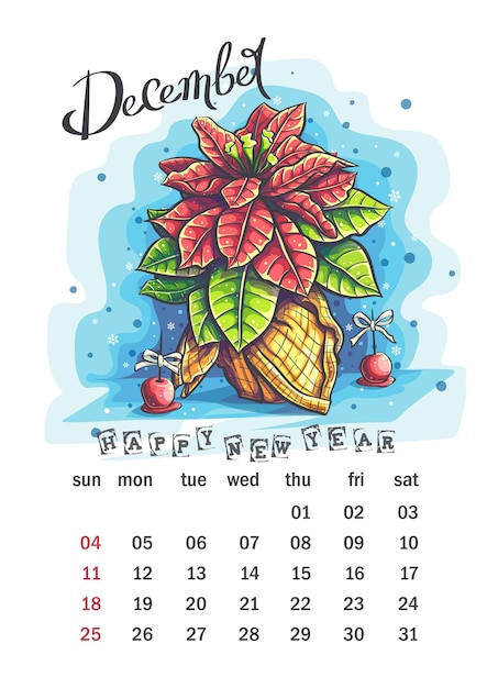 2022 Calendar December. Funny cartoon Euphorbia pulcherrima in a basket of scarf