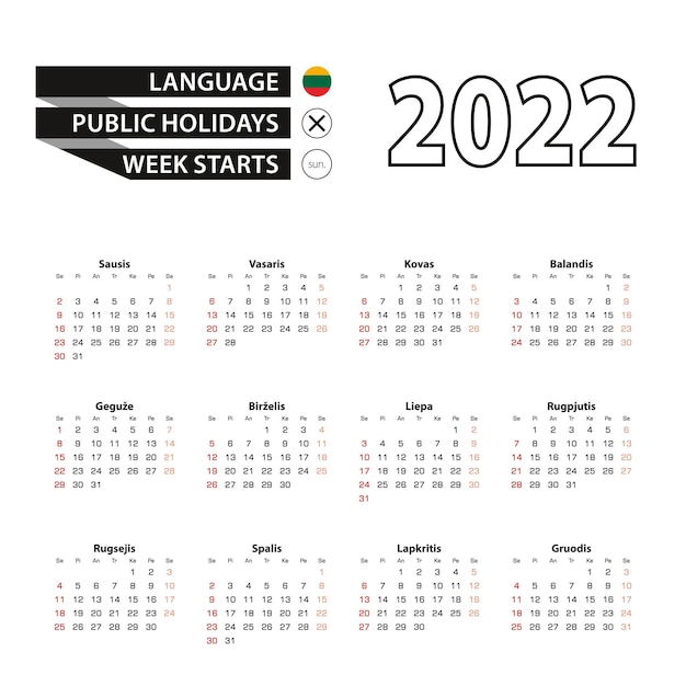 2022 calendar in Lithuanian language, week starts from Sunday.