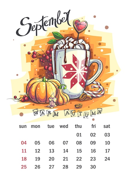 2022 Calendar September Funny cartoon pumpkin candle marshmallows coffee beans rowan berries