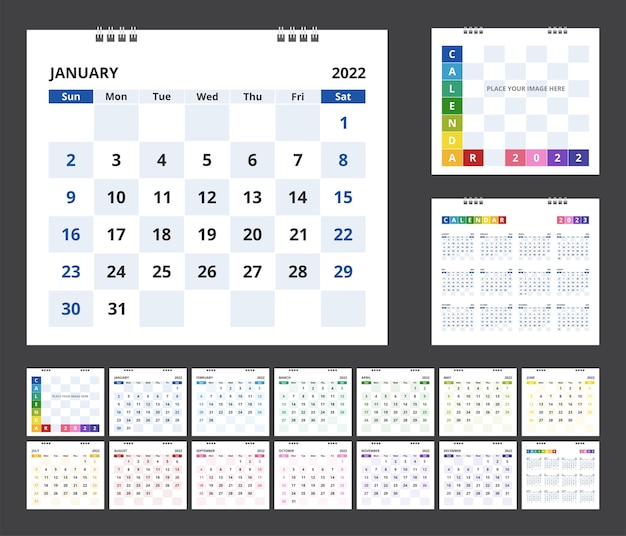 2022 calendar. Set desk calendar for template corporate design. Week start on Sunday.