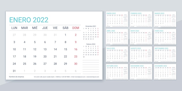 2022 calendar. Spanish planner template. Week starts Monday. Vector. Calender layout with 12 month. Table schedule grid. Yearly stationery organizer. Horizontal monthly diary. Simple illustration.