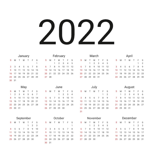 2022 calendar. Week starts Sunday. Simple calender layout. Desk calendar template. Vector.