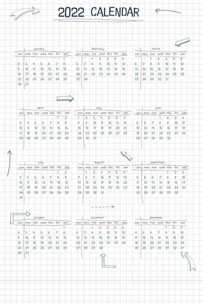 2022 calendar weekly planner and to do list hand drawn font type text and elements school note style checkered notebook sheet with lineart arrows and frames