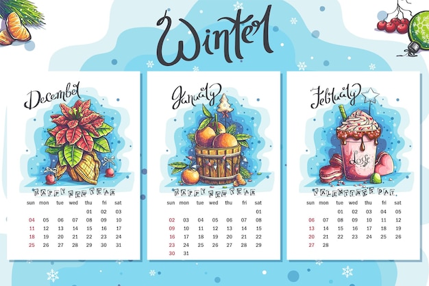 2022 Calendar Winter Funny cartoon Euphorbia pulcherrima tub with tangerines