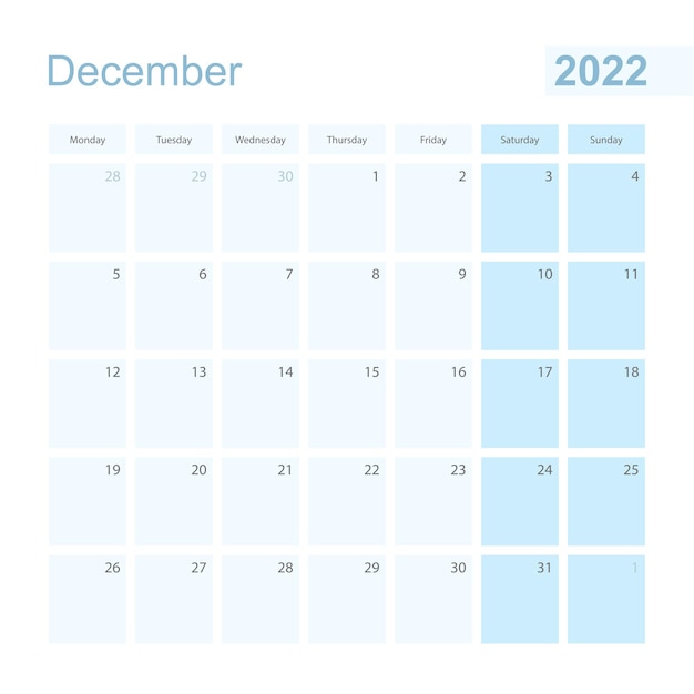 2022 December wall planner in blue pastel color, week starts on Monday.