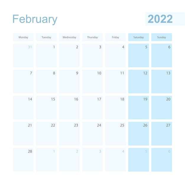 2022 February wall planner in blue pastel color, week starts on Monday.