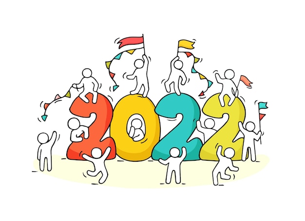 2022 Happy New Year background. Cartoon vector with liitle people prepare to celebration.