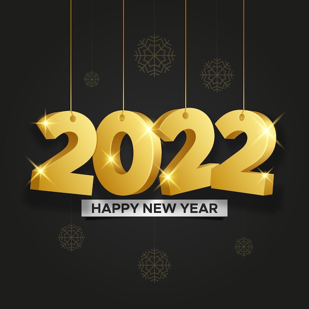 2022 happy new year banner golden hanging numbers on black background for web and instagram post