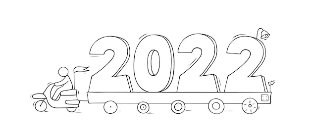 2022 Happy New Year concept with cars. Hand drawn vector for christmas design.