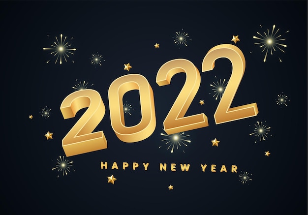 2022 Happy New Year Gold 3D numbers and letters on a dark background with salutes and stars