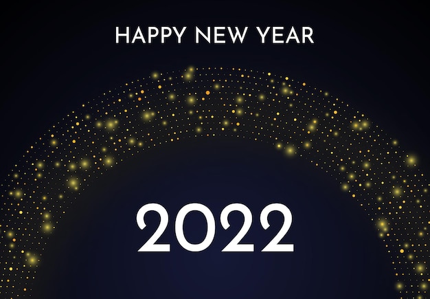 2022 Happy New Year of gold glitter pattern in circle form. Abstract gold glowing halftone dotted background for Christmas holiday greeting card on dark background. Vector illustration