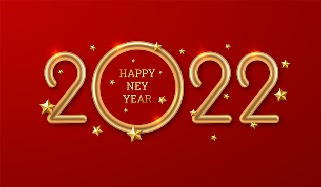 2022 Happy New Year Gold glittering numbers on a red background