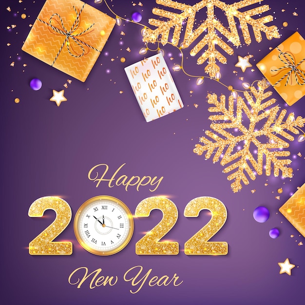 2022 Happy New Year Golden Numbers with sequins and wall clock Background card